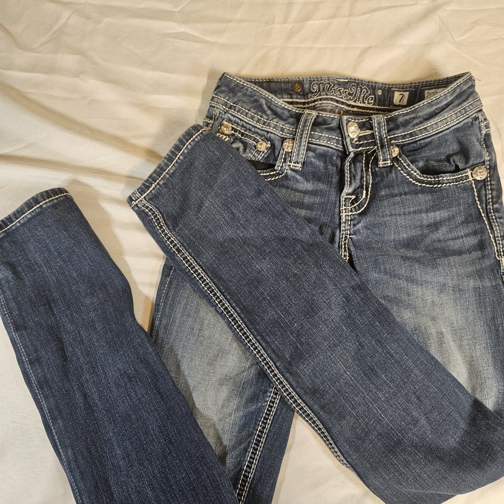 Miss Me Youth Girls Medium/Dark Blue Skinny Jeans with Embroidered Pockets